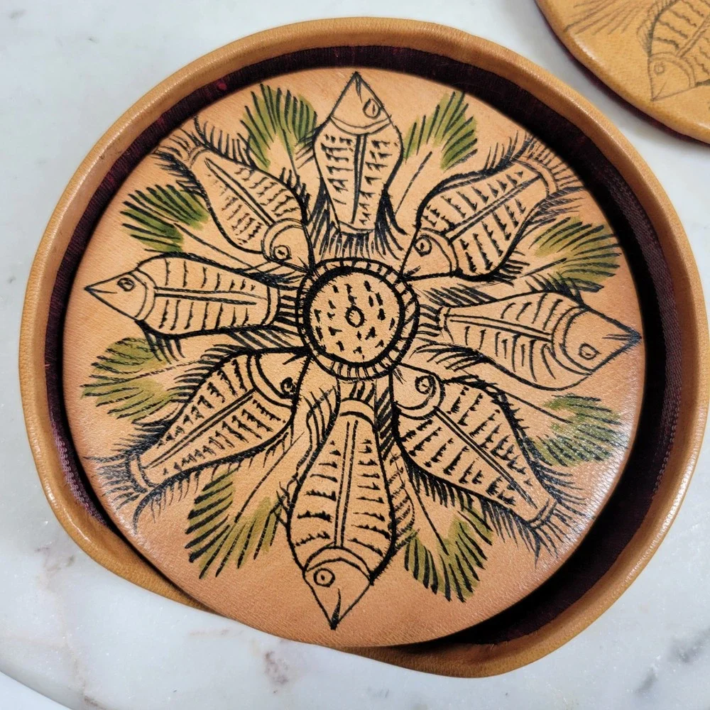 VTG Hand Painted Leather Fish Coaster Set w Storage Box Silk Back Folk Art Boho